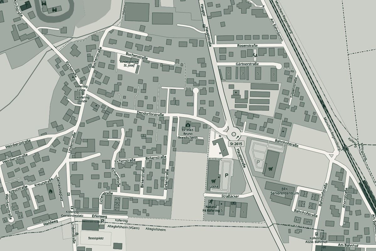 Kartenausschnitt von Köfering. Die Praxis liegt in der Dendorferstraße 6, südwestlich der Kreuzung mit der Hauptstraße.